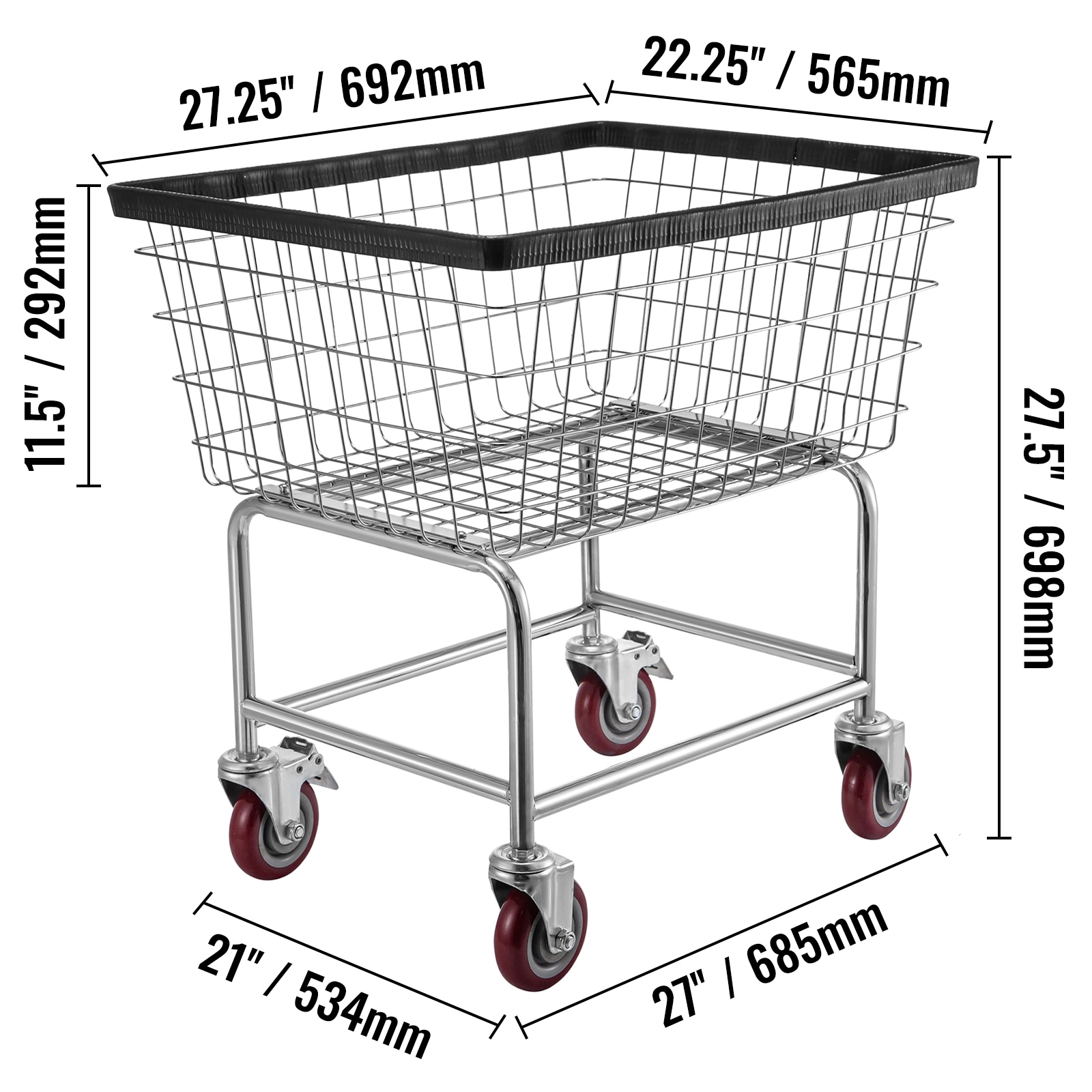 Wire Laundry Cart, 2.5 Bushel Wire Laundry Basket With Wheels, 21''x27''x27.5'' Commercial Wire Laundry Basket Cart, Steel Frame With Chrome Finish, 4inch Casters, Wire Basket Cart For Laundry_voghion.com